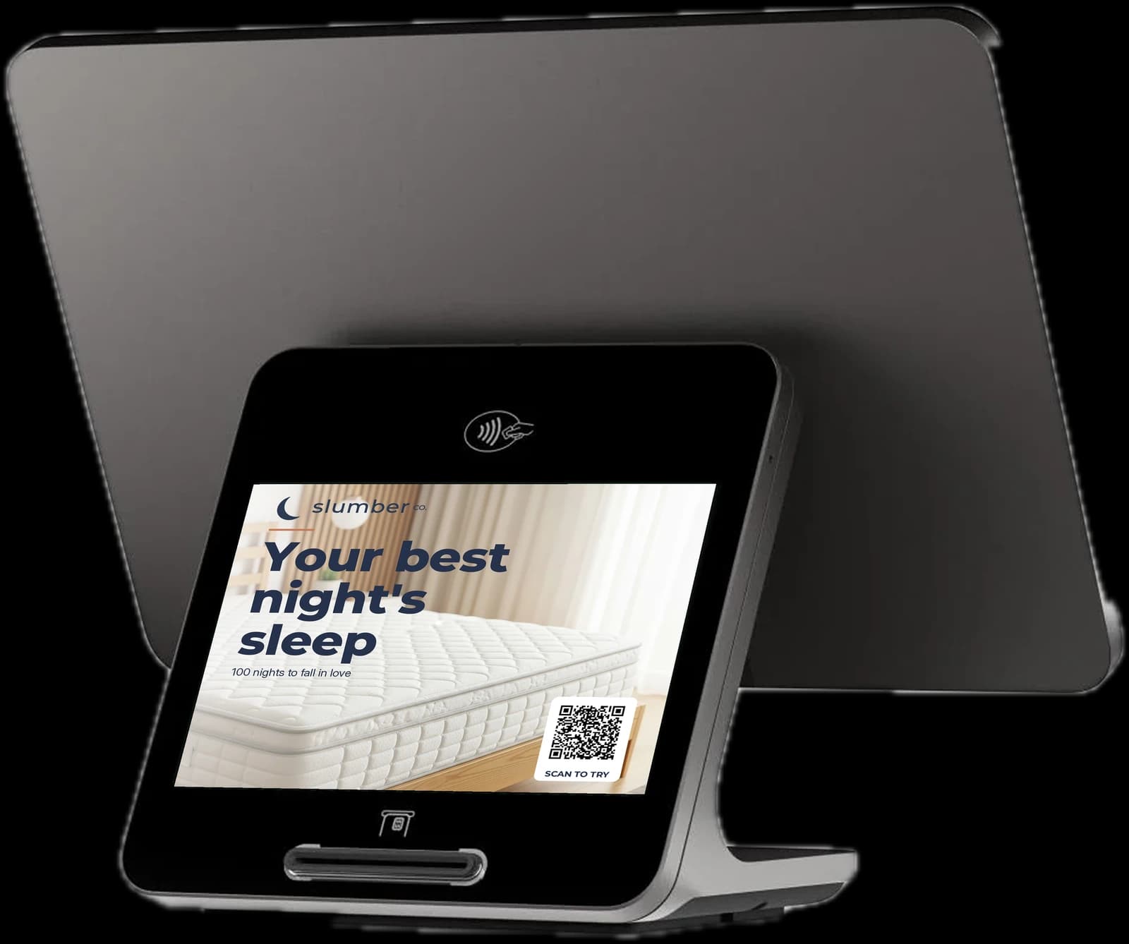 An example brand ad shown full-screen on the customer-facing screen of a countertop payment display.